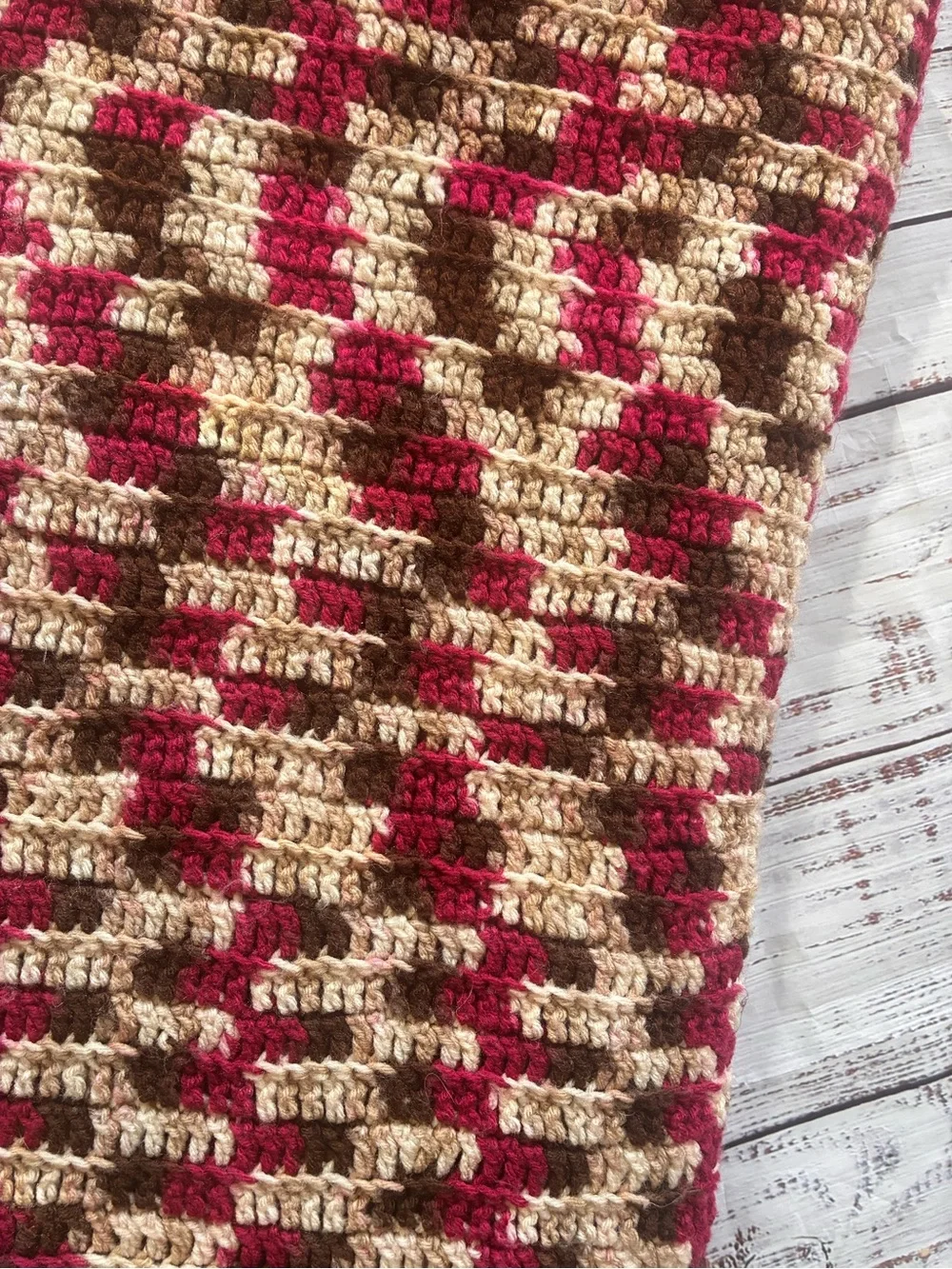 Handmade Crocheted Scarf in Cream, Brown & Red 60” x 60”